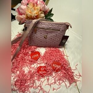 Gloria Vanderbilt Pink and Gold Crossbody Bag with Monogram Design